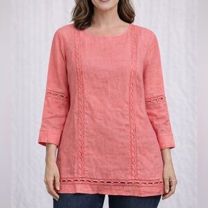 $142 Neiman Marcus Coral 100% Linen  Lace-Trimmed Women's Top Tunic XL NWT